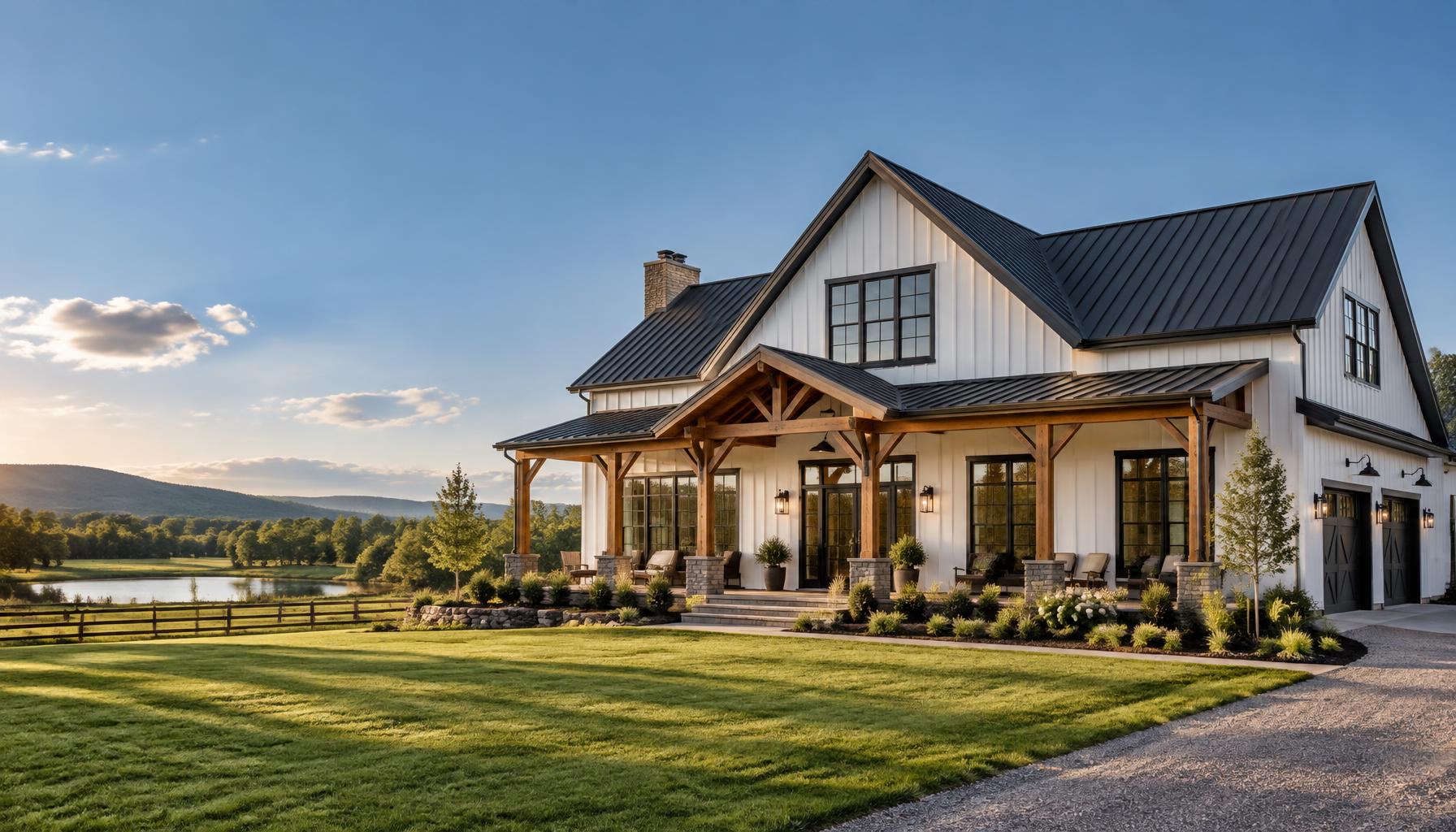 White barndominium with a black metal roof and timber porch in a green countryside setting